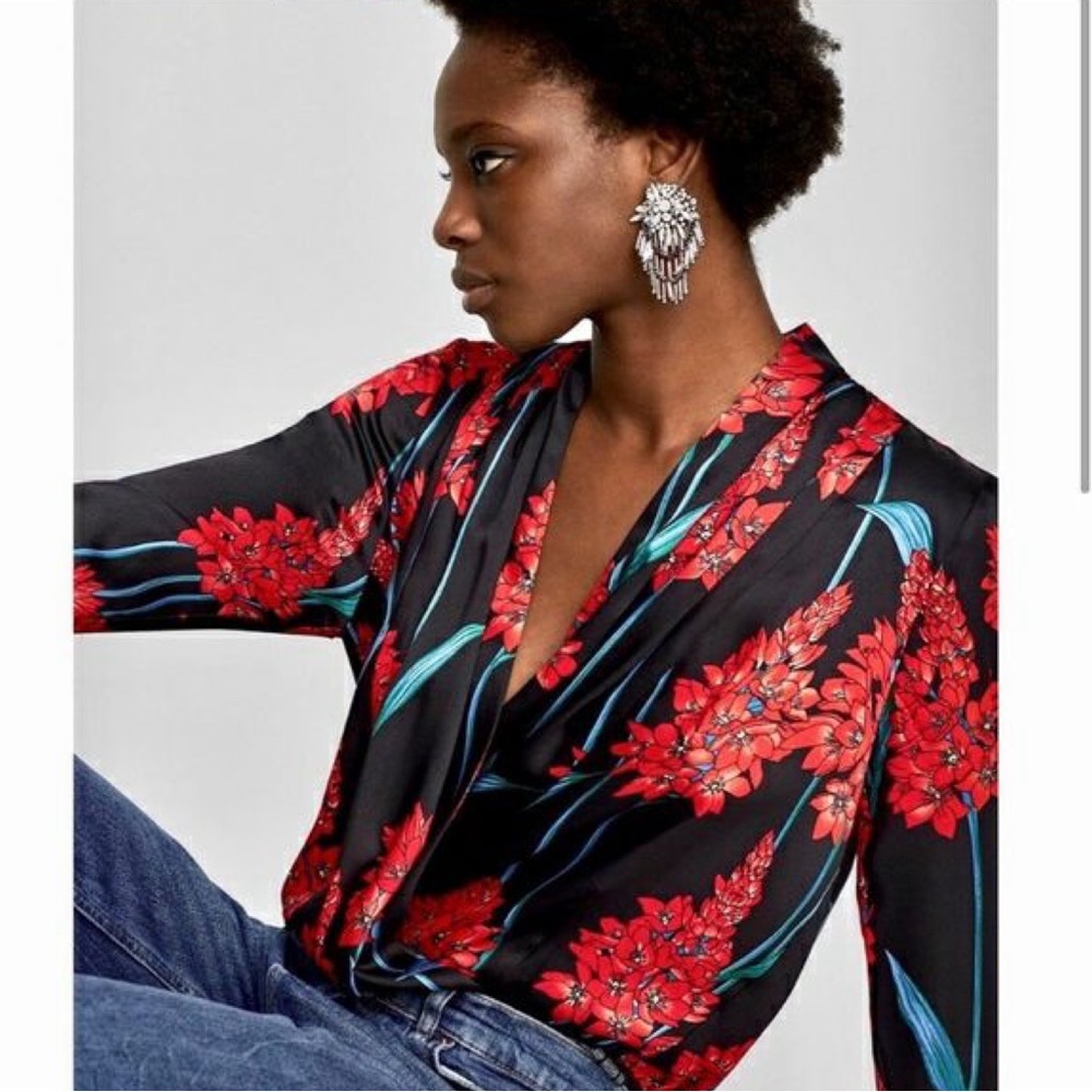 Zara silk floral print plunge bodysuit.  Size M